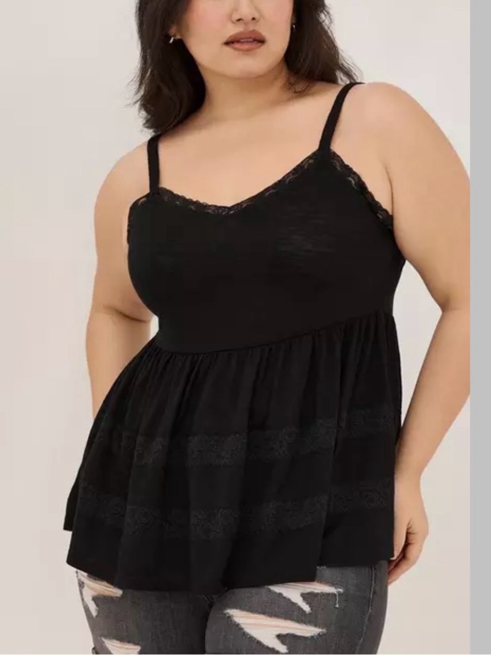 Torrid Black Babydoll Poly Rayon Slub V-Neck Tiered Lace Trim Cami Top Size 2X